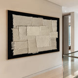 Wabi-Sabi Japandi 3D Textured Black Beige Sculpted Canvas Plaster Tactile Fringe Minimalist Abstract Painting AURA759
