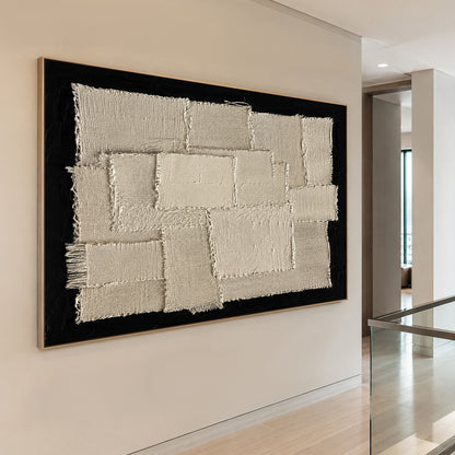 Wabi-Sabi Japandi 3D Textured Black Beige Sculpted Canvas Plaster Tactile Fringe Minimalist Abstract Painting AURA759