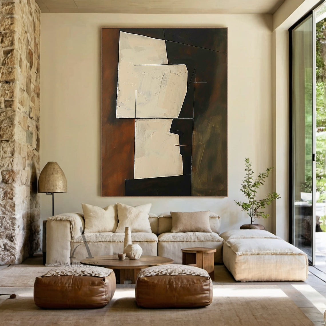 Beige Angular Abstract Forms on a Smoky Brown Ground - AURA841