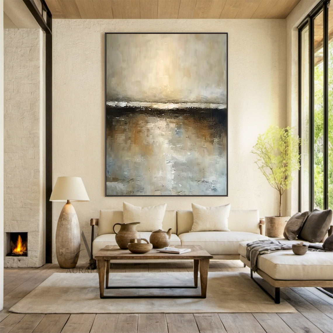 Wabi-Sabi Brown Textured Landscape Painting Minimalist Luxe Plaster Canvas Art Japandi Home Wall Decor AURA743