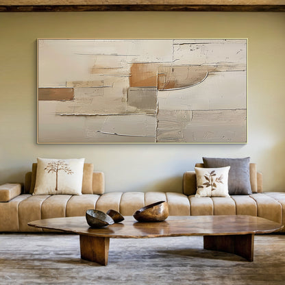 Wabi Sabi Beige Brown Impasto Artwork Tactile Surface Sculpted Canvas Irregular Block Design AURA577
