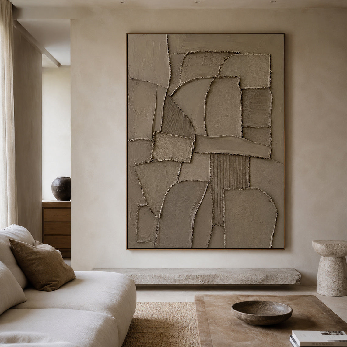 Brown 3D Textured Plaster Wall Art Japandi Wabi Sabi Geometric Sculpted Canvas High Relief Artwork AURA773