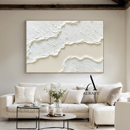 3D Textured Painting White Beige High-Relief Plaster Tactile Surface Wabi-Sabi Modern Organic Artwork AURA512