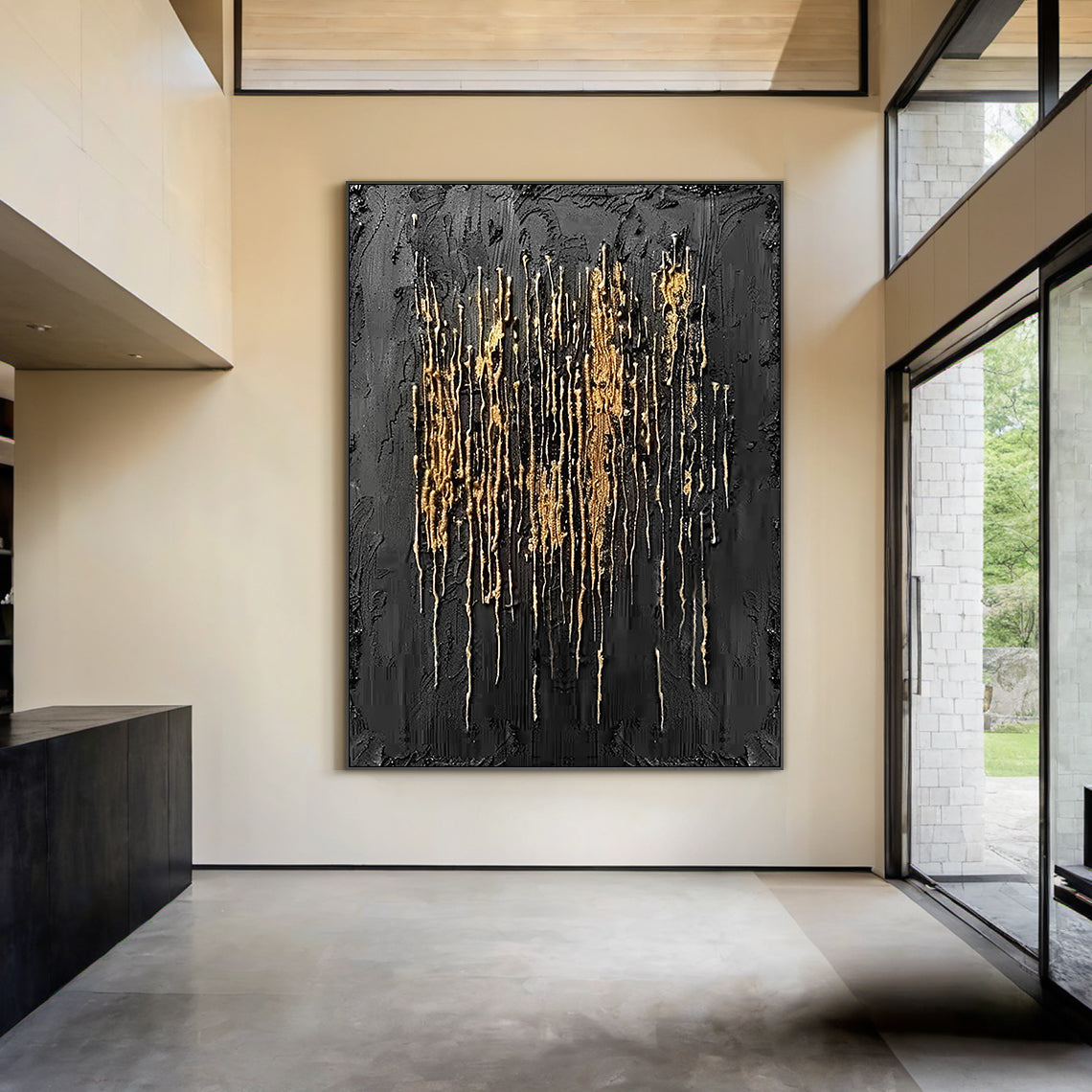 Metallic Drip Texture Canvas – Charcoal & Gold Accents – AURA031(Vertical)