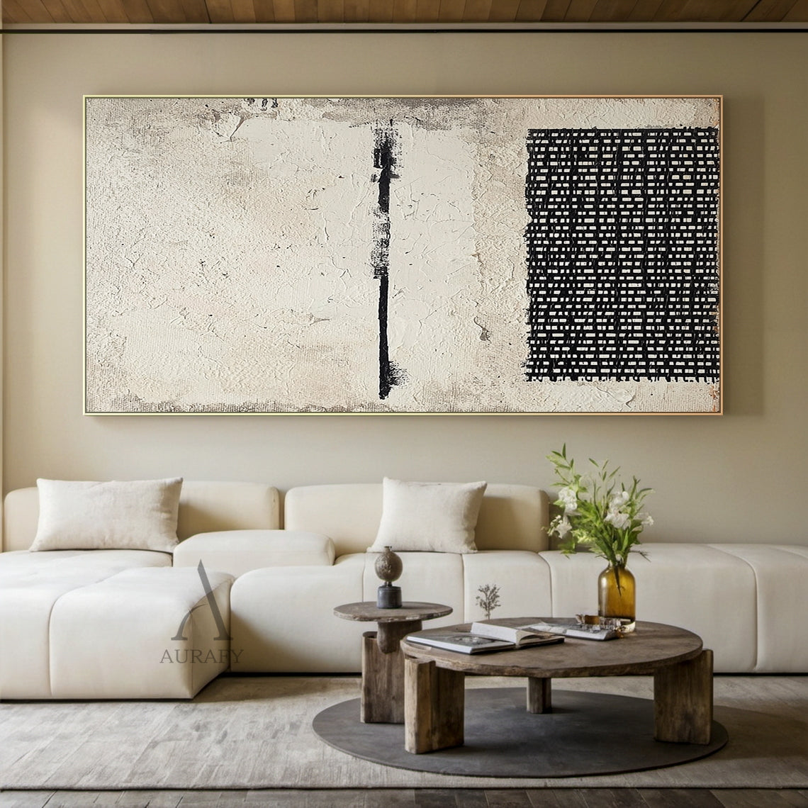 Abstract Black Beige Cracked Plaster Textured Hand-painted Grid Wabi-Sabi Minimalist Modern Art AURA597