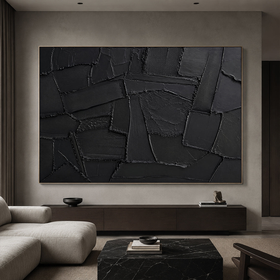 Black 3D Textured Abstract Painting High-Relief Plaster Knife Stroke Minimalist Japandi Wabi Sabi Wall Decor AURA770