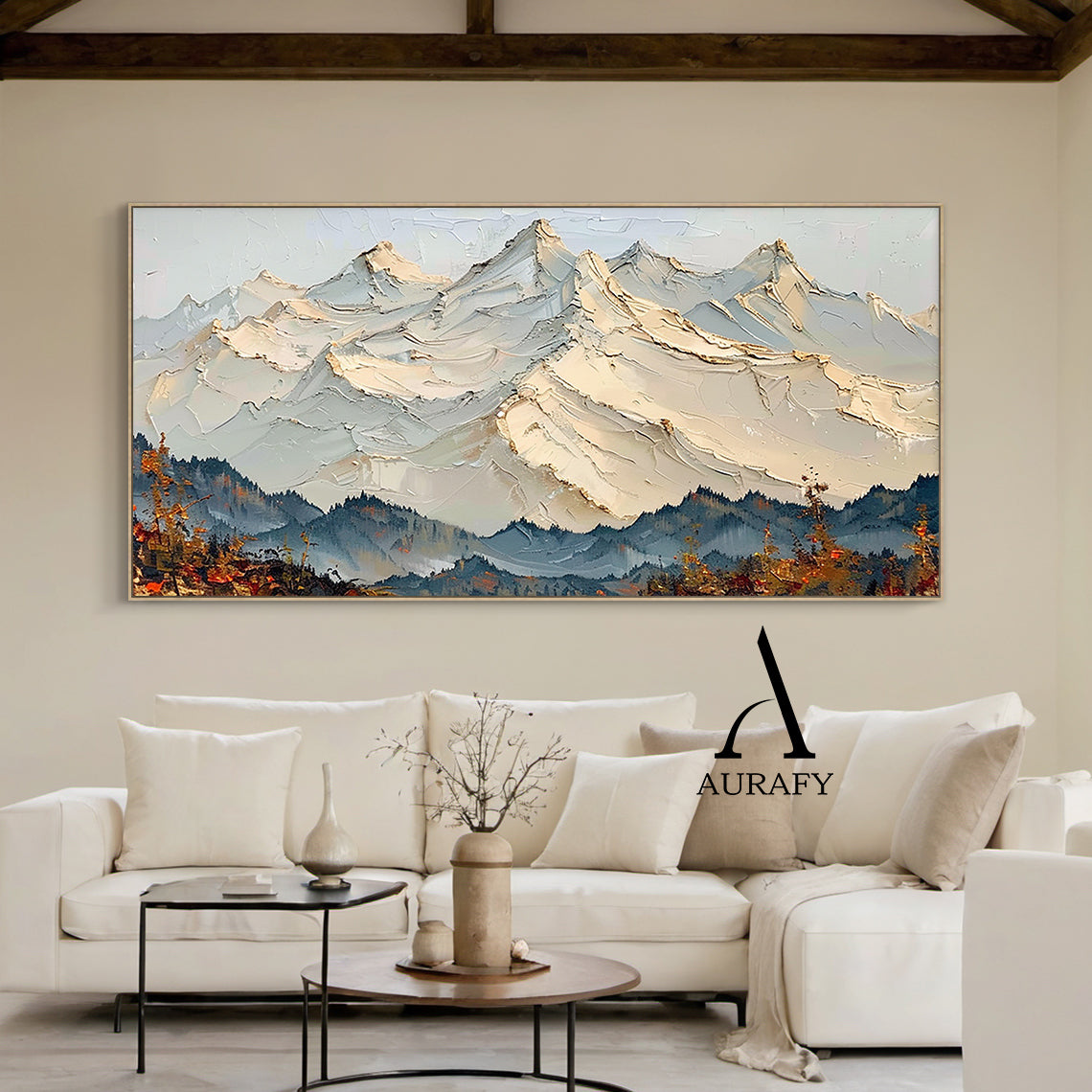 3D Textured Mountain Landscape Thick Impasto Knife Strokes Beige Blue Sculpted Tactile Canvas AURA514