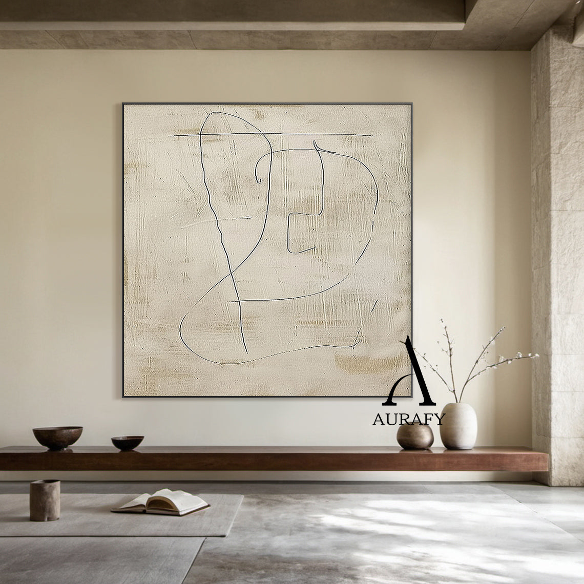 Minimalist Beige Plaster Textured Line Art Japandi Abstract Neutral Wall Decor Modern Organic Canvas Artwork AURA542