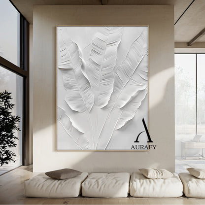 3D Textured White Banana Leaf Art High-Relief Sculpted Canvas Modern Organic Minimalist Luxe AURA523