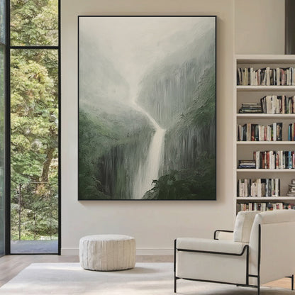 Minimalist Landscape Wall Art – Misty Waterfall & Forest Green – AURA040(Square)