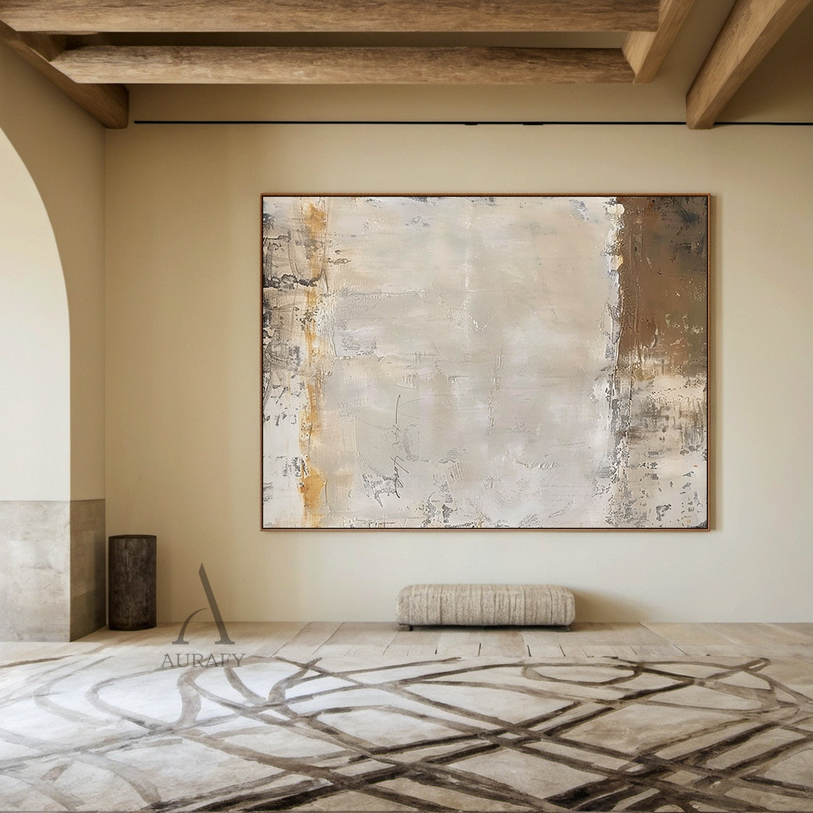 Pale Beige Abstract Painting with Weathered Ochre Traces - AURA844