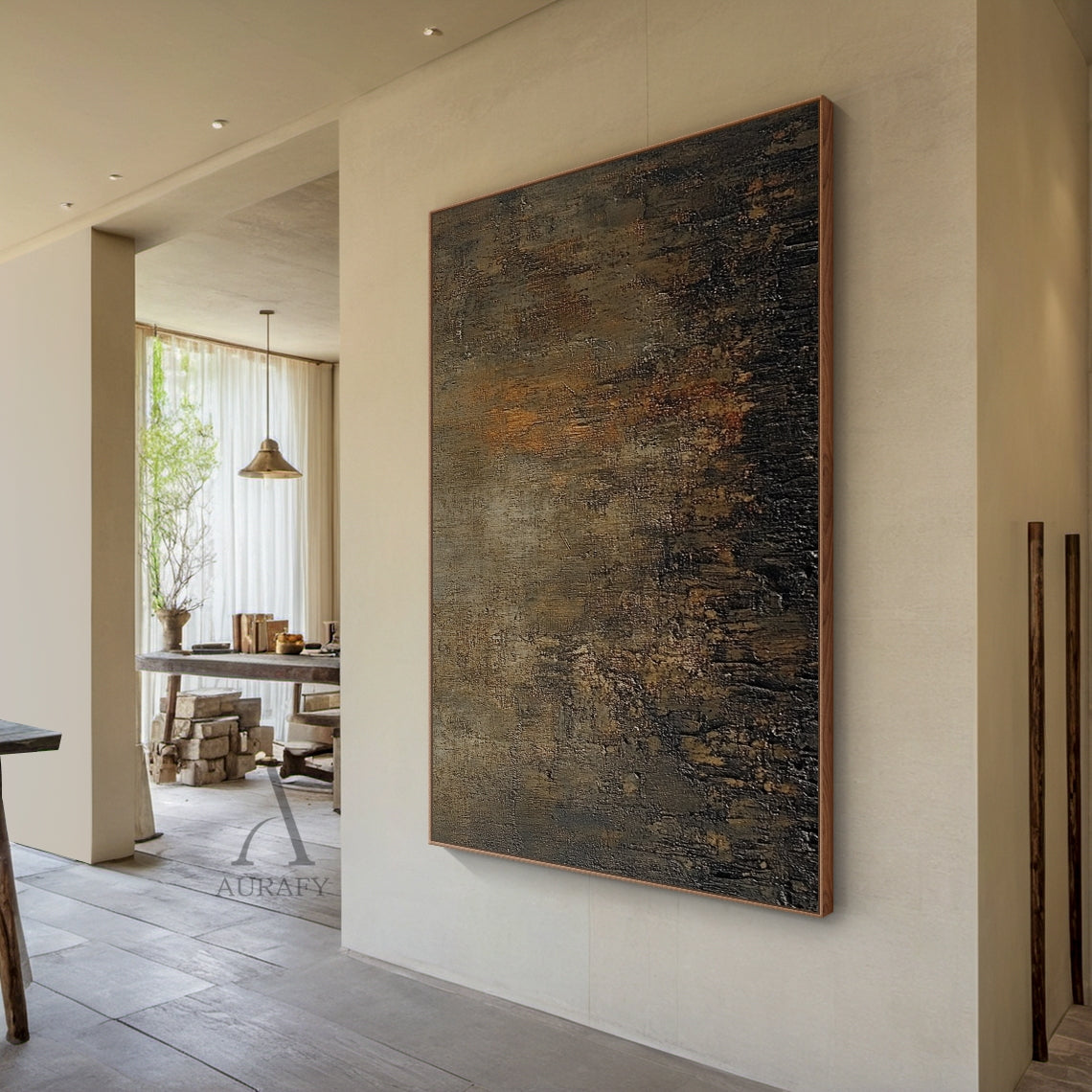 Umber and Rust Abstract Wall Art with Dense Mottled Texture - AURA849