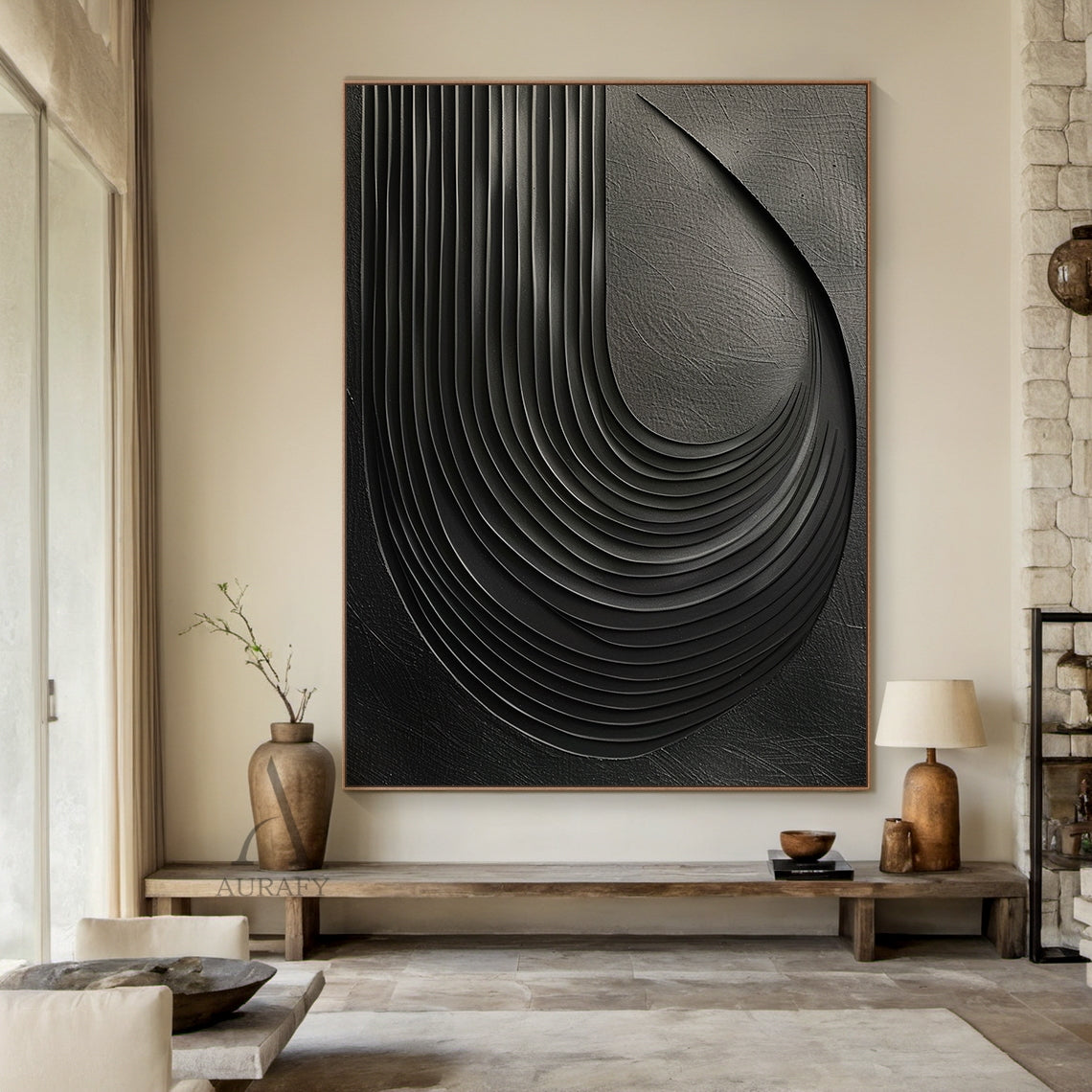 Minimalist Black Wall Art High-Relief Layered Curves Tactile Surface Modern Minimalist Piece AURA428