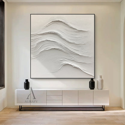 White Abstract Sea Wave Art Tactile Plaster Textured High-Relief Sculpted Minimalist Decor AURA444