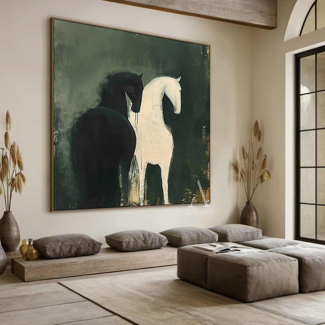 Large Scale Abstract Green Horse Oil Painting Textured Animal Wall Art-AURA340
