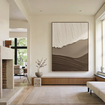 Beige Brown Landscape Art Thick Textured Canvas with Vertical Strokes Wavy Folds Modern Organic Minimalist Luxe AURA469