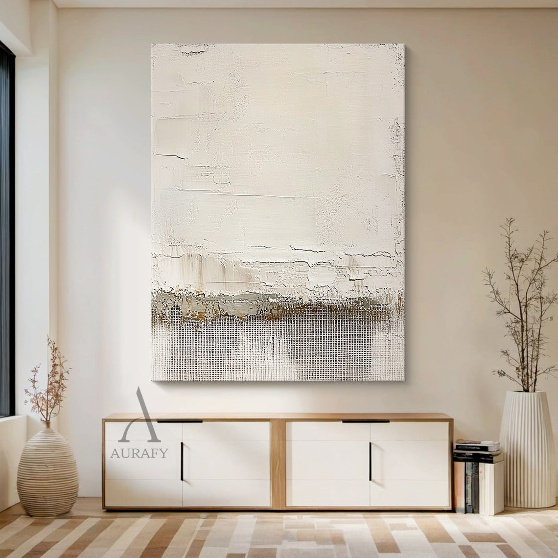Beige Abstract Artwork Modern Organic Japandi Impasto Crackle Tactile Grid Texture Design AURA451