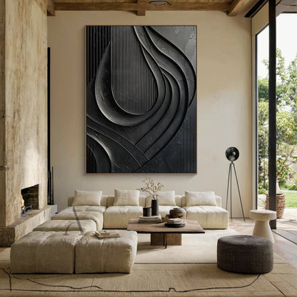 Minimalist Black Wall Art Sculpted High-Relief Tactile Matte Ribbed Modern Organic Design AURA424