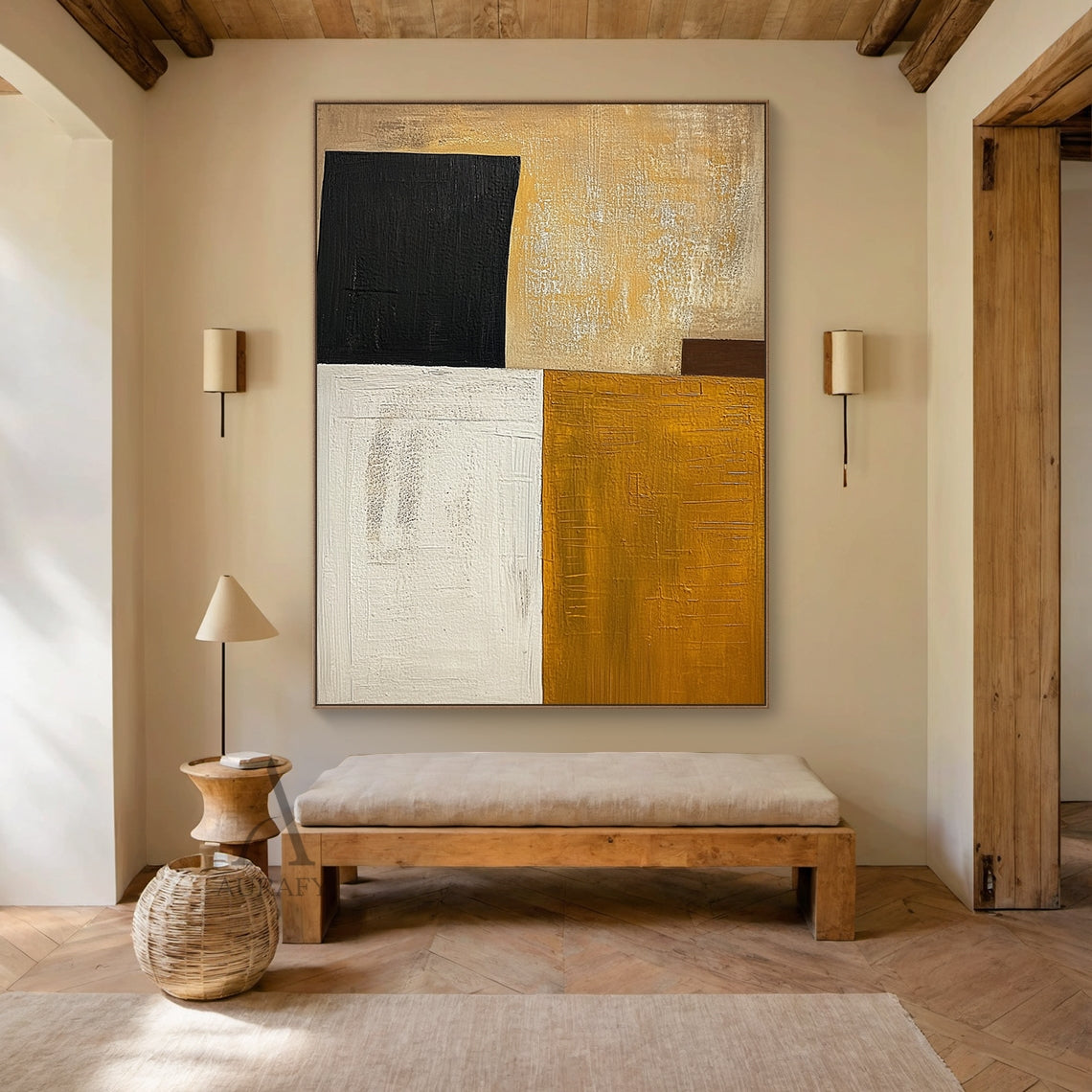Mustard Yellow and Beige Abstract Painting with Black Blocks - AURA850