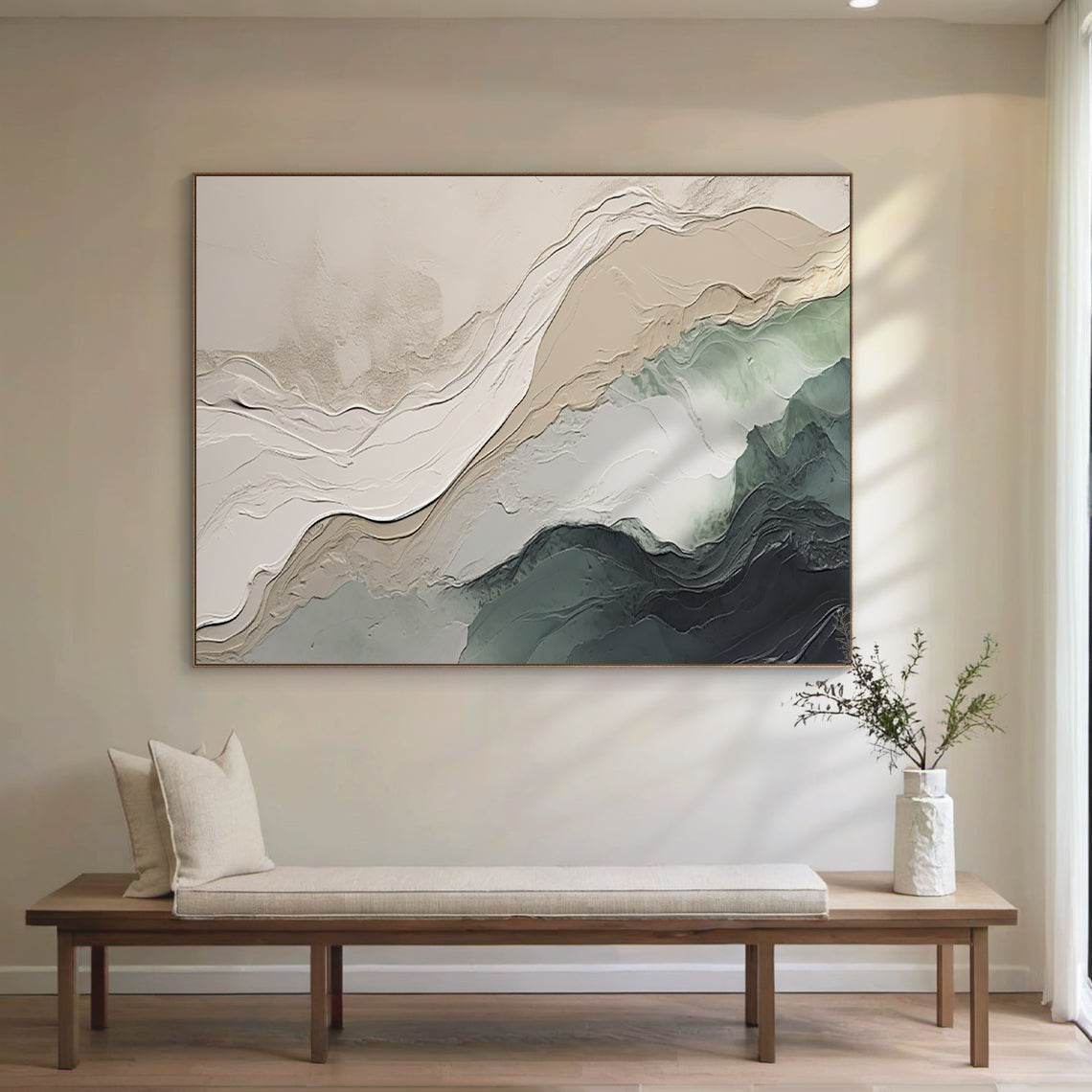 Textural Abstract Wall Art – Ocean Green & Sand Layers – AURA039(Horizontal)