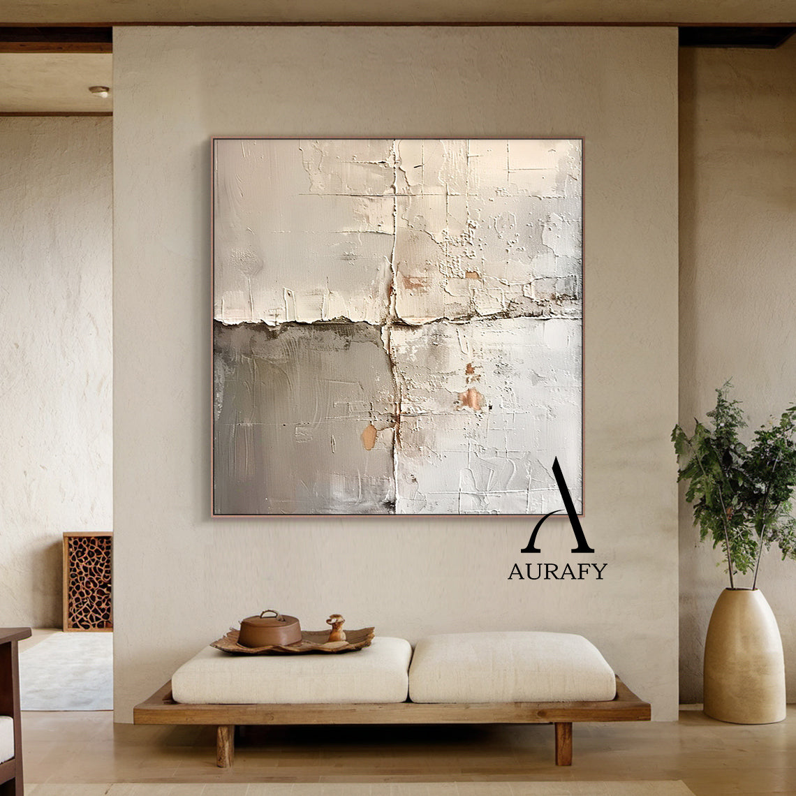 Wabi Sabi Beige Art Plaster Textured Peeling Wall Effect Handcrafted Minimalist Organic Canvas AURA563