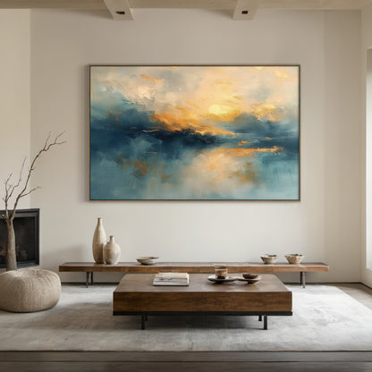 Blue Textured Landscape Art Knife Stroke Gold Sunset Canvas Japandi Minimalist Coastal Wall Artwork Decor AURA708