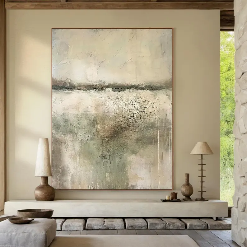 VerdaMossed Silence-Green & Beige Wabi-Sabi Art-AURA080