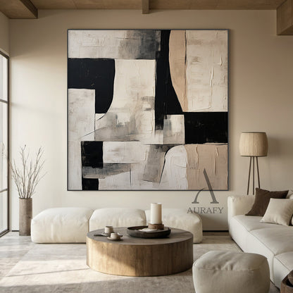 General Abstract Black Beige White Impasto Textured Tactile Surface Minimalist Luxe Artwork AURA484