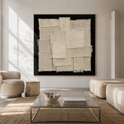 Wabi-Sabi Japandi 3D Textured Black Beige Sculpted Canvas Plaster Tactile Fringe Minimalist Abstract Painting AURA759