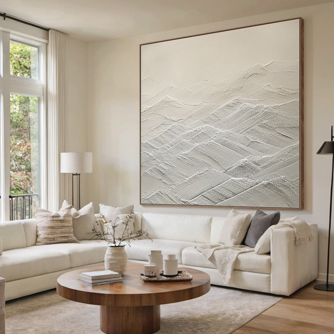 Mountain Ridge Relief Canvas – Cream & White Tones – AURA042(Horizontal)