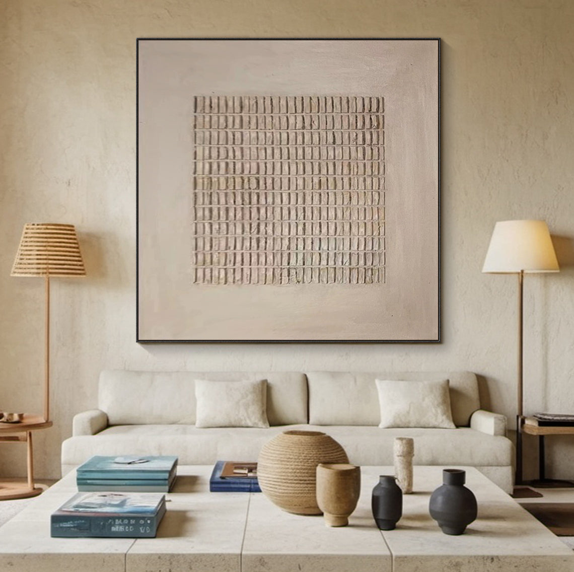 Minimalist Grid Texture Wall Art – Warm Beige – AURA012