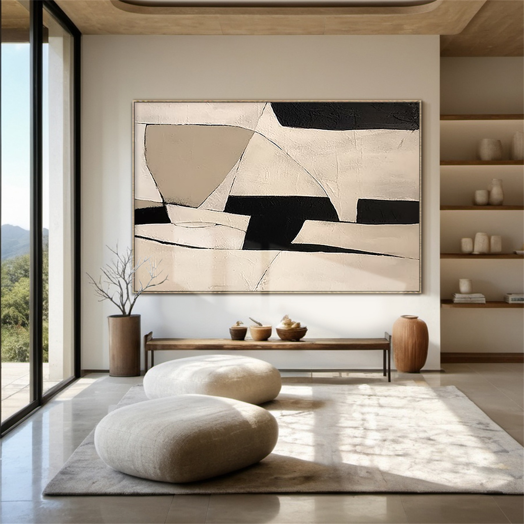Quiet Geometry Minimalist Geometric Abstract Oil Painting  Cream, Taupe & Black Interplay -AYRA019