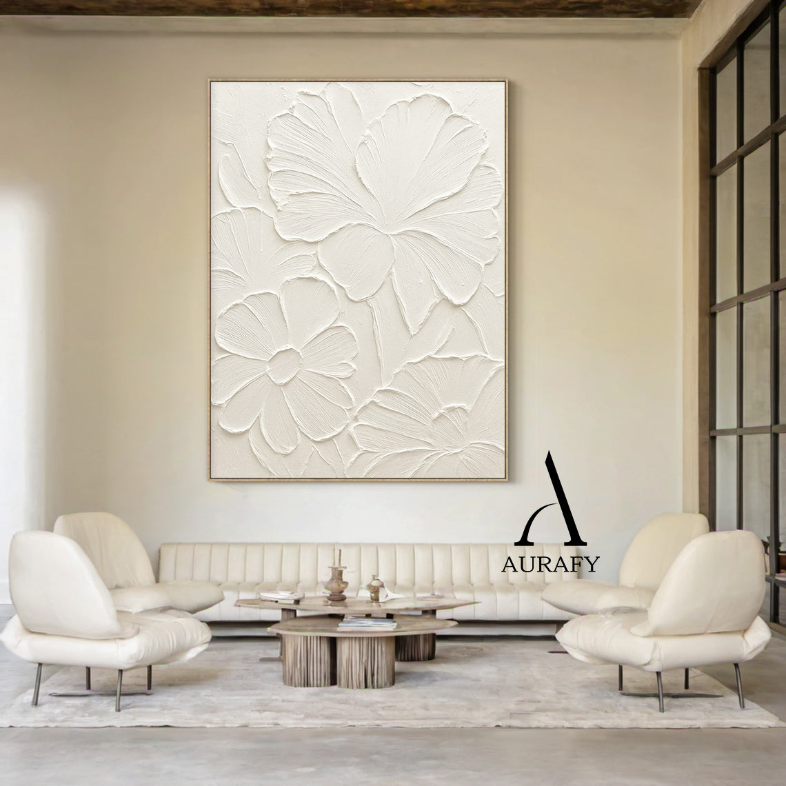 3D Textured Beige Flower Painting High-Relief Plaster Tactile Modern Organic Wabi-Sabi Art AURA510