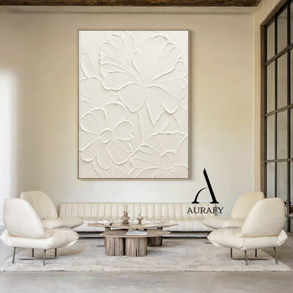 3D Textured Beige Flower Painting High-Relief Plaster Tactile Modern Organic Wabi-Sabi Art AURA510