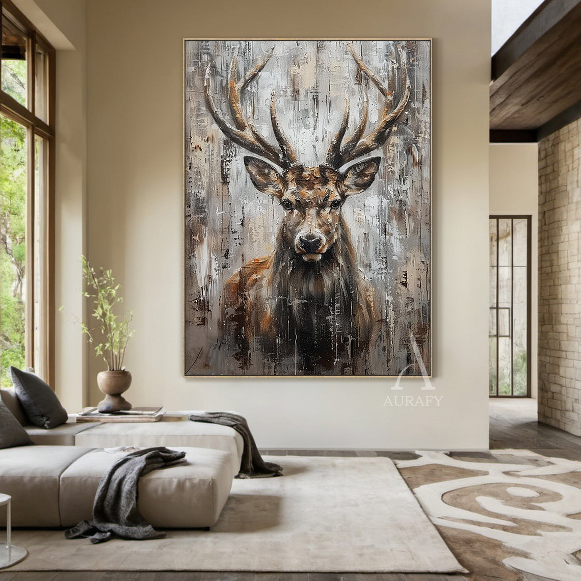 Wabi-sabi Large Textured Brown Stag Animal Oil Painting Canvas Wall Art-AURA339