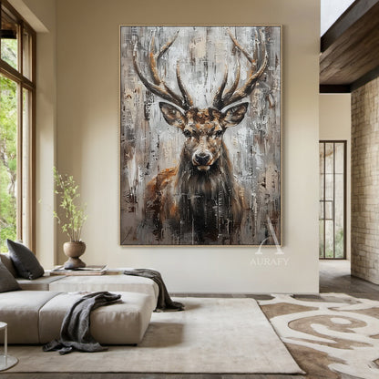 Wabi-sabi Large Textured Brown Stag Animal Oil Painting Canvas Wall Art-AURA339