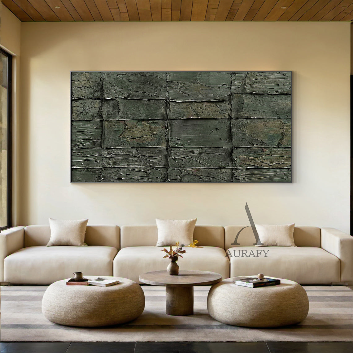 Green Abstract Art Tactile Natural Texture Grid Pattern Thick Paint Wall Decor AURA470