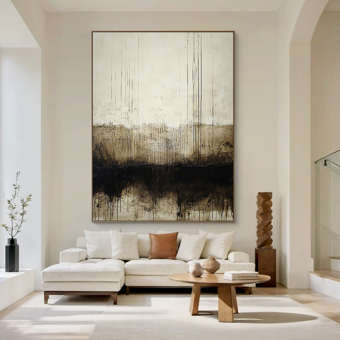 Wabi Sabi Beige Black Abstract Art with Dripped Paint Scratch Marks Tactile Texture Vertical Lines AURA590