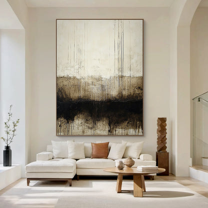 Wabi Sabi Beige Black Abstract Art with Dripped Paint Scratch Marks Tactile Texture Vertical Lines AURA590
