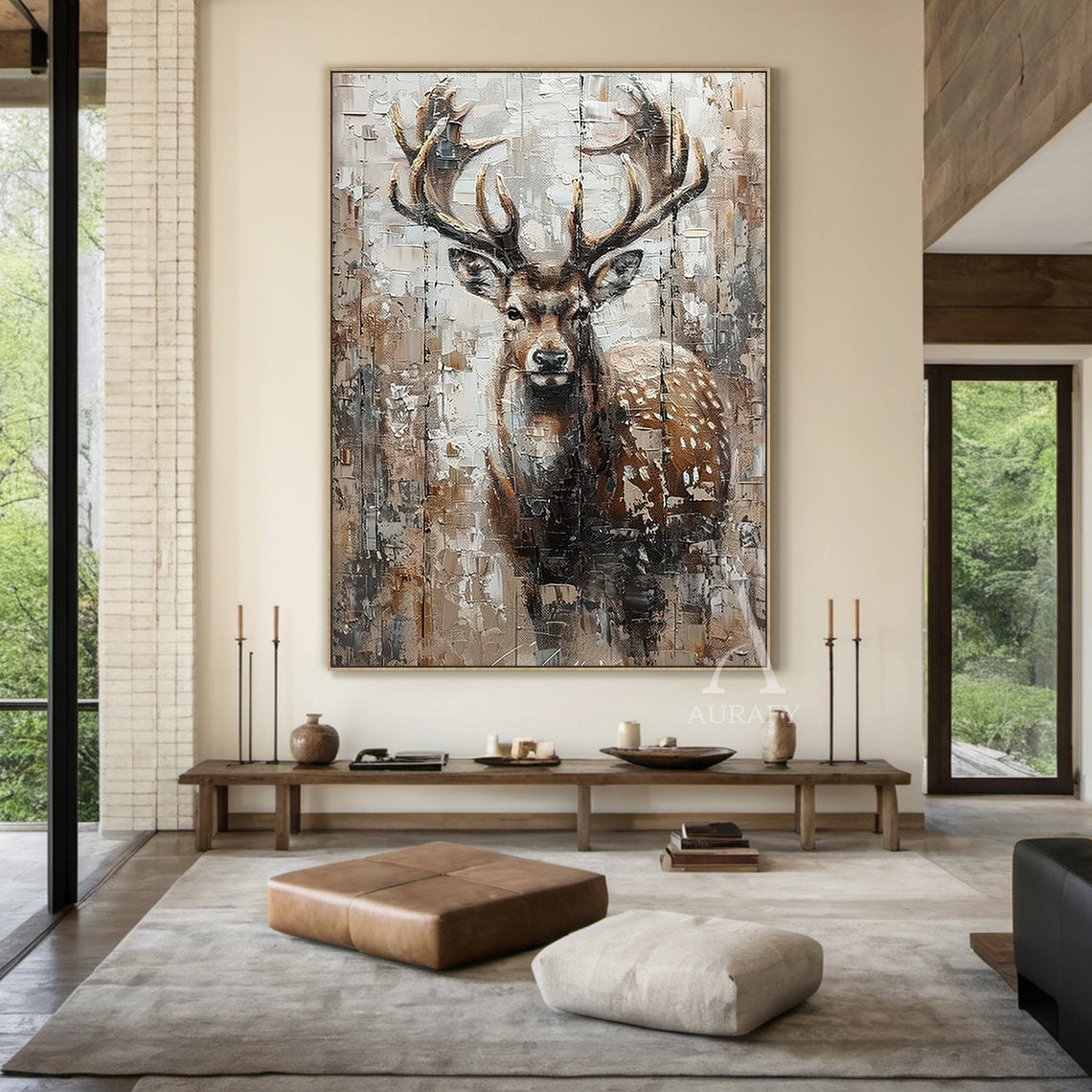 Large Textured Brown Stag Animal Oil Painting Wabi-sabi Wall Art-AURA338