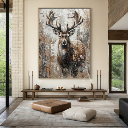 Large Textured Brown Stag Animal Oil Painting Wabi-sabi Wall Art-AURA338