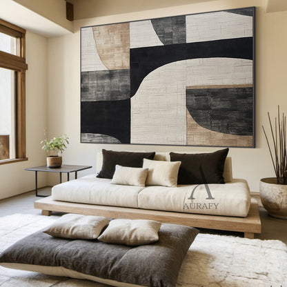 General Abstract Beige Black Subtle Tactile Canvas Texture Minimalist Luxe Wall Art AURA499