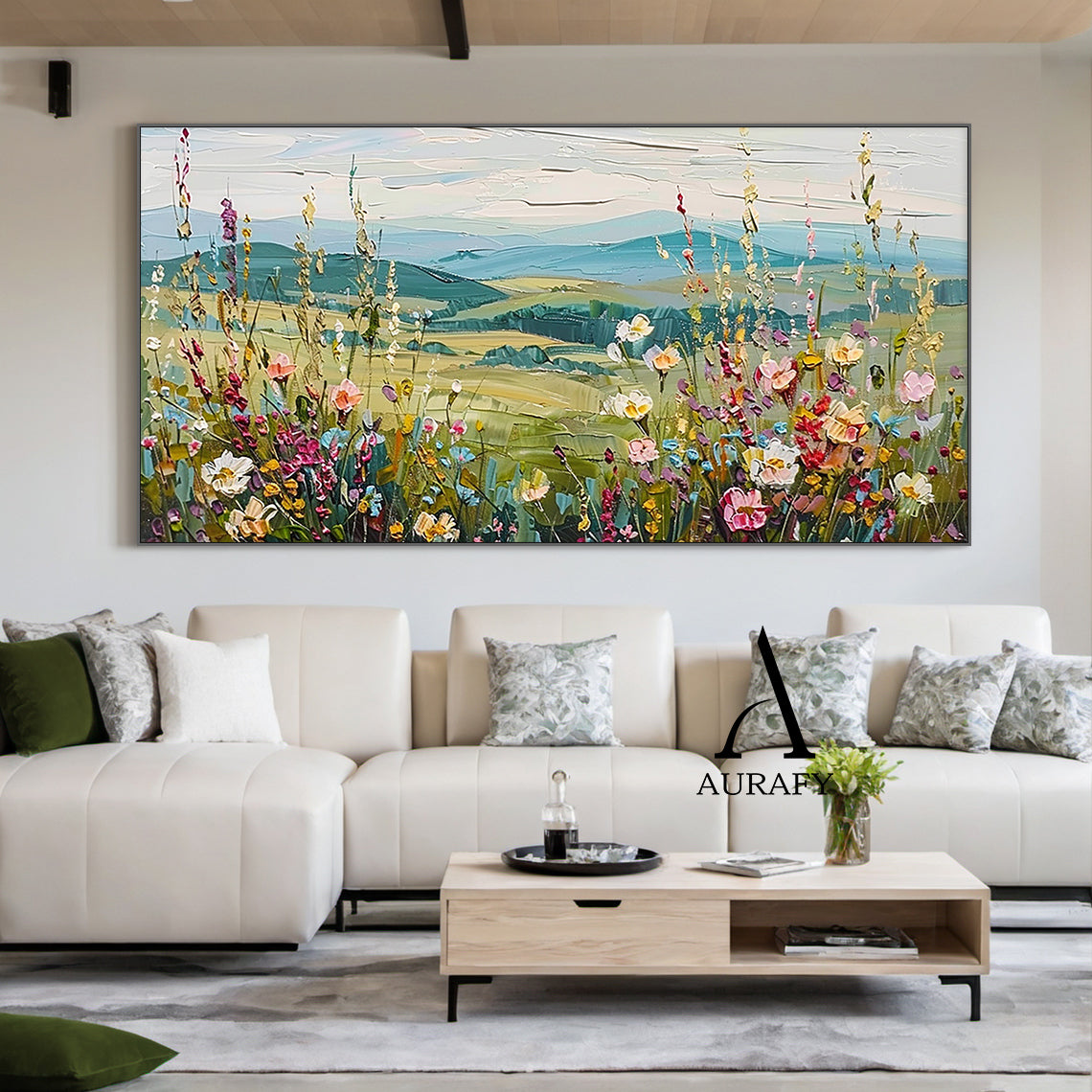 3D Textured Flower Painting with Knife Strokes High-Relief Tactile Green Pastoral Landscape Art AURA574