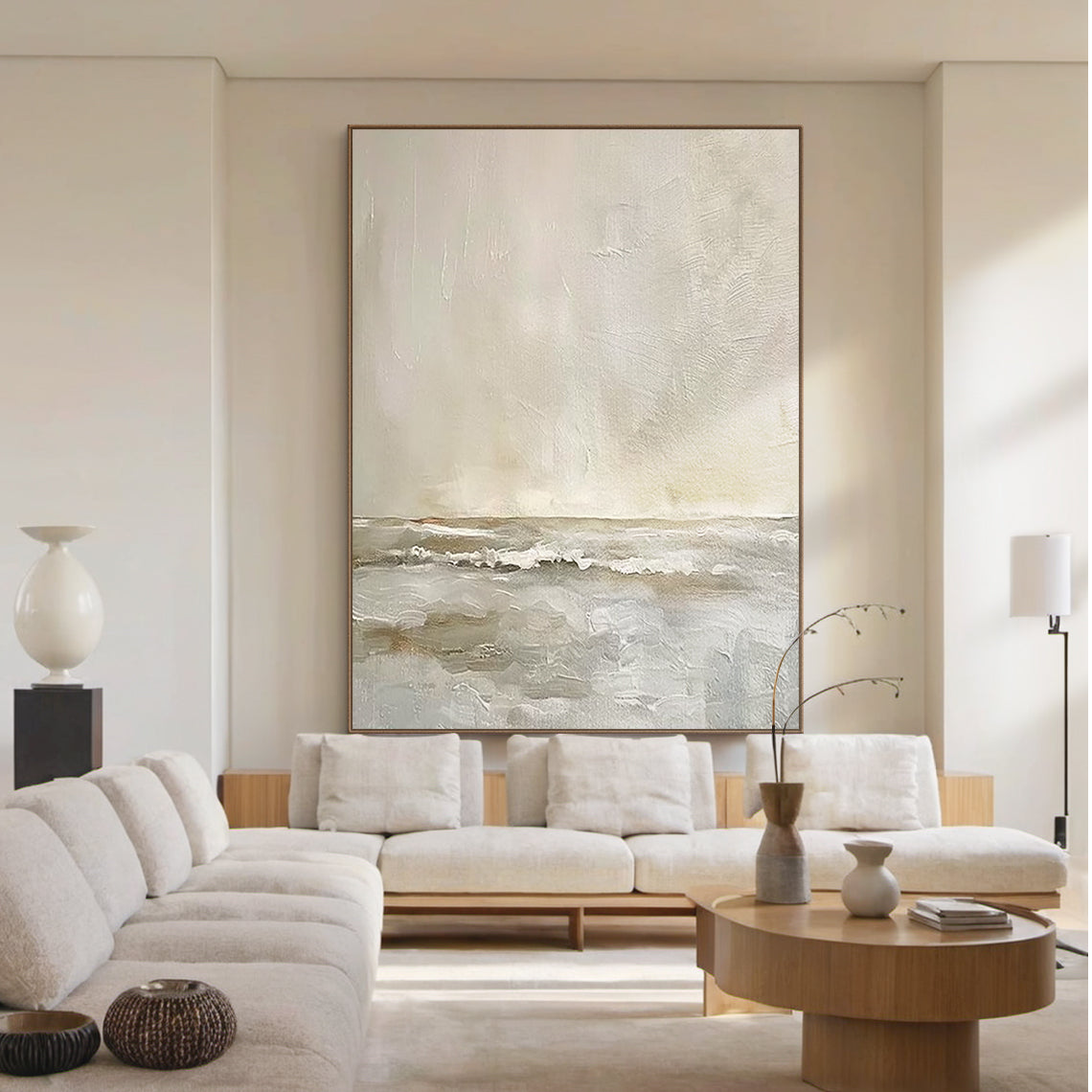 Dreamy Seascape Painting – Misty Taupe & Cream – AURA043(Vertical)