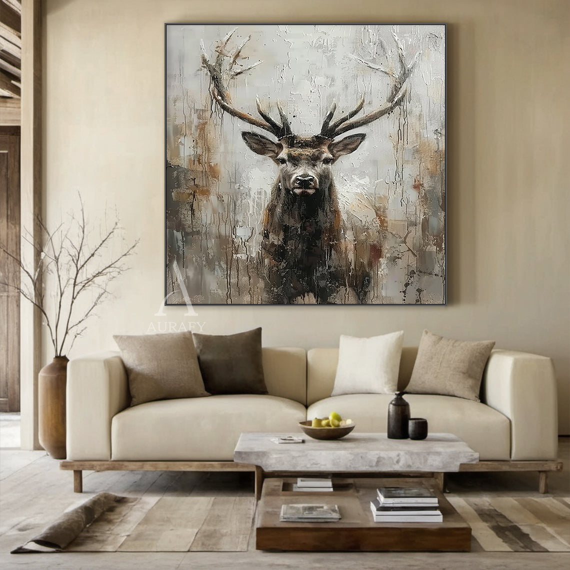 Large Textured Brown Stag Oil Painting Animal Wall Art for Living Room Canvas-AURA337