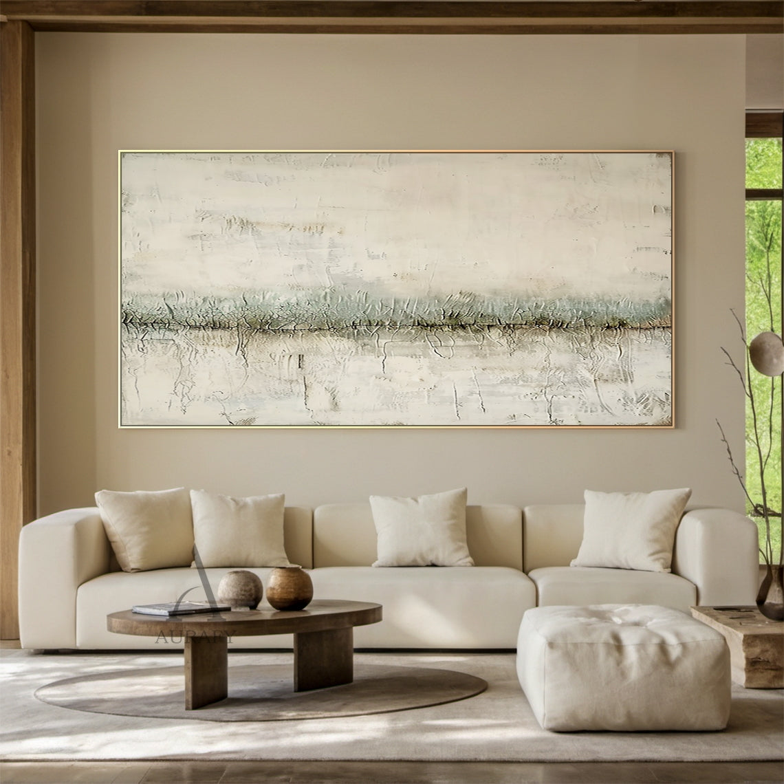 Wabi Sabi Beige & Sage Green Textured Abstract Wall Art | Japandi Minimalist Horizontal Canvas | AURA801