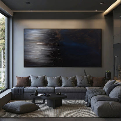 Abstract Black Blue Artwork Abstract Expressionist with flowing vertical texture, star-like light accents AURA504