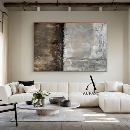 Wabi Sabi Abstract Art Gray Brown Tactile Plaster Textured Grid Indentations Knife Strokes AURA564