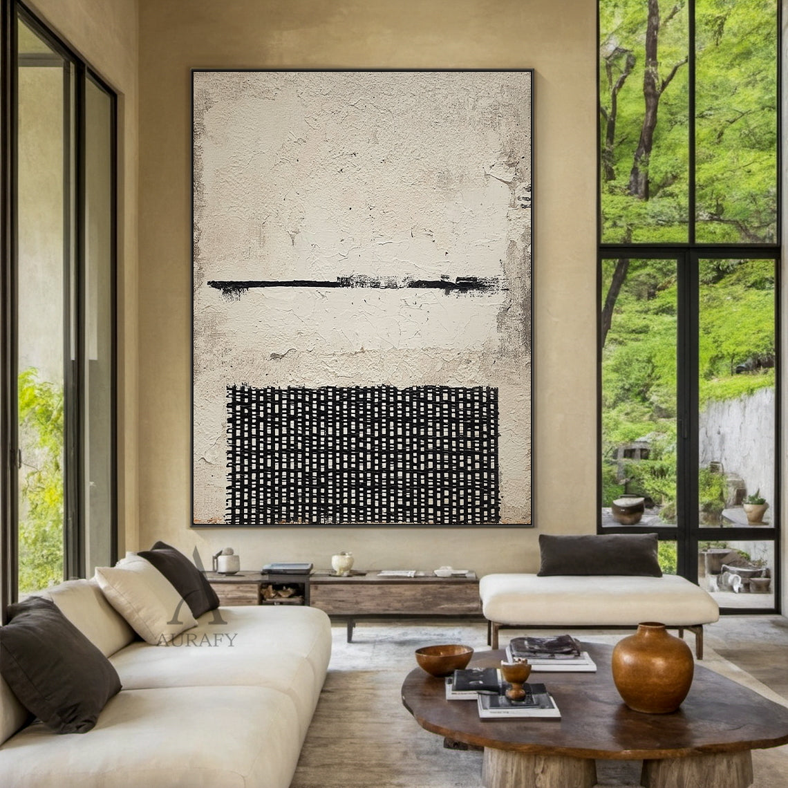 Abstract Black Beige Cracked Plaster Textured Hand-painted Grid Wabi-Sabi Minimalist Modern Art AURA597