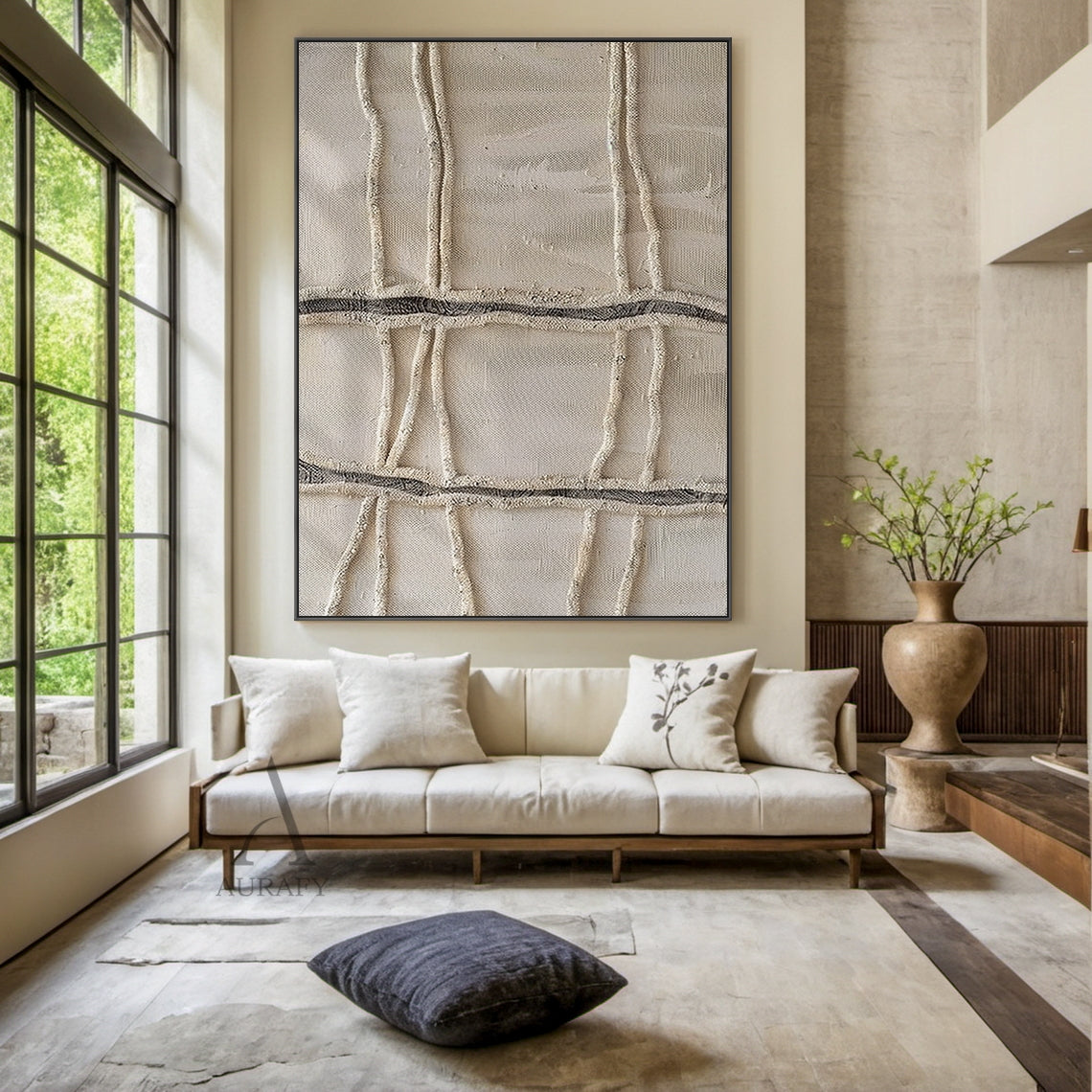 3D Textured Beige Wabi-Sabi Plaster Sculpted Canvas Japandi Minimalist Tactile Neutral Abstract Wall Art AURA787